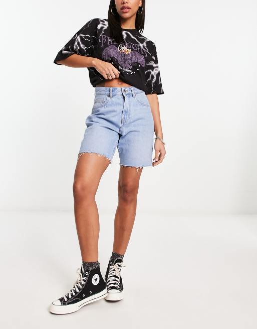 Bershka High Waisted Raw Hem Longline Denim Jorts in Light Blue