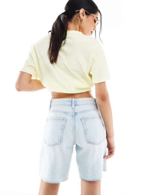 Bershka high waisted raw hem longline denim shorts in light blue