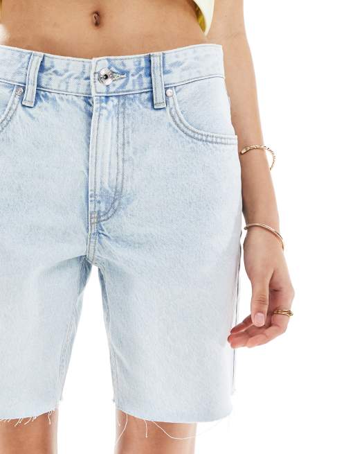 Bershka high waisted raw hem longline denim shorts in light blue