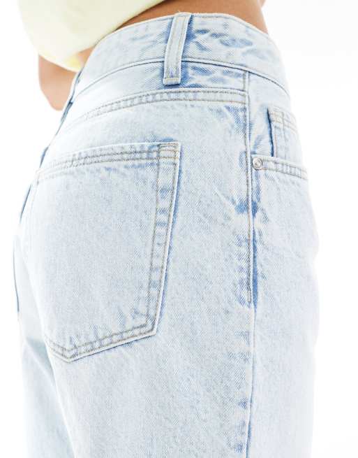 Bershka high waisted raw hem longline denim shorts in light blue