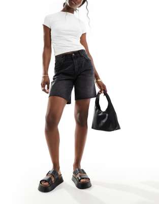 Bershka Bershka high waisted raw hem longline denim shorts in washed black