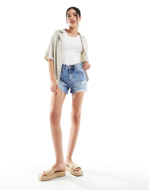 Bershka high waisted ripped denim shorts in mid blue