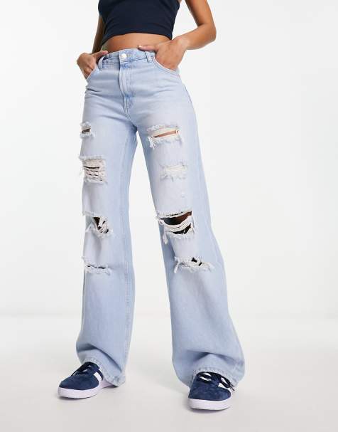 Bershka high waisted ripped ultra wide leg jeans in bleach wash - view 1