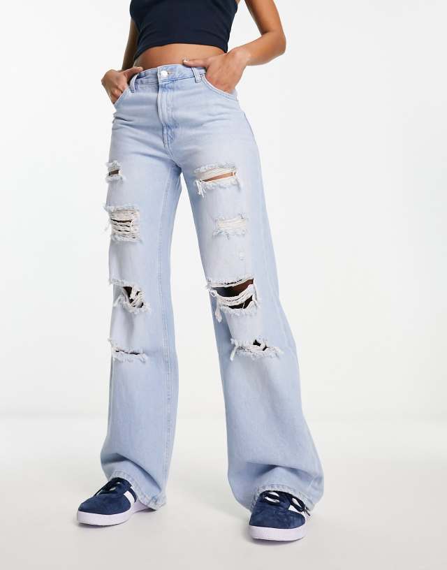 Bershka high waisted ripped ultra wide leg jeans in bleach wash