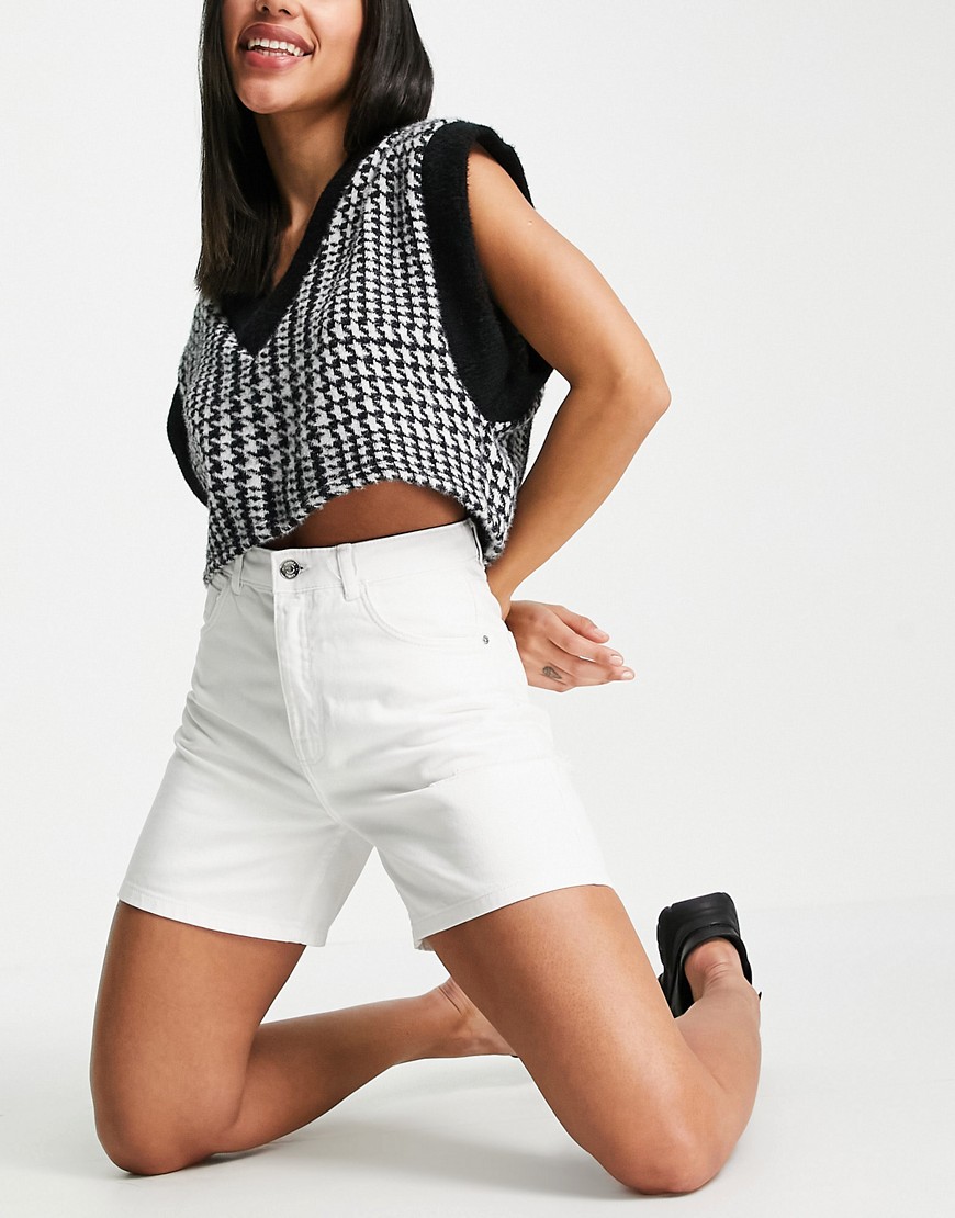 Bershka high waisted shorts with side rip in white