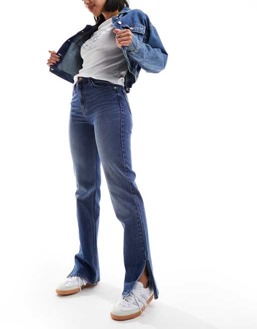 Split Hem High Rise Petite Bootcut Jeans Bershka High Waisted