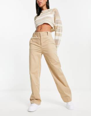 Bershka High Waisted Straight Leg Pants In Sand-green