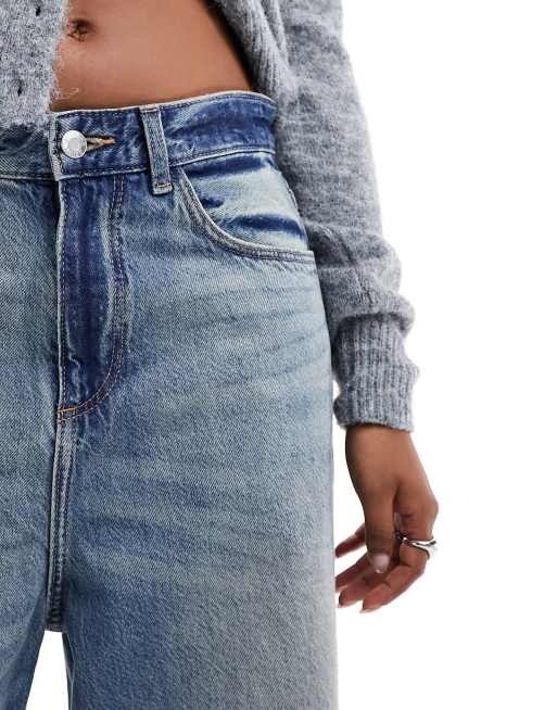 Bershka high waisted super baggy jeans in mid blue dirty wash