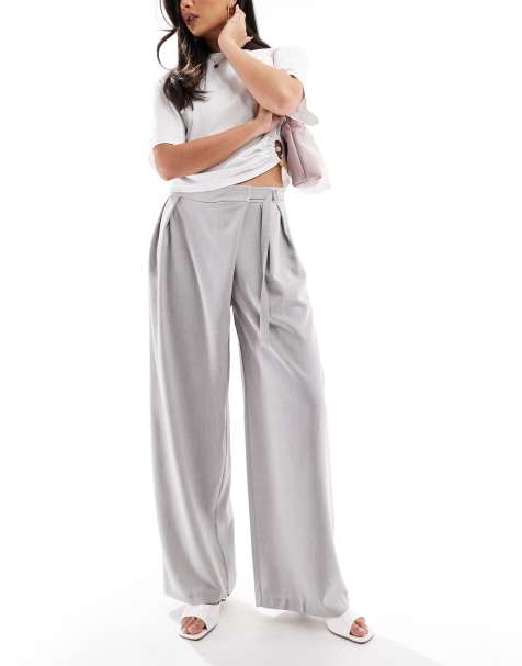 Bershka high waisted tie detail wide leg tailored pants in gray - view 1