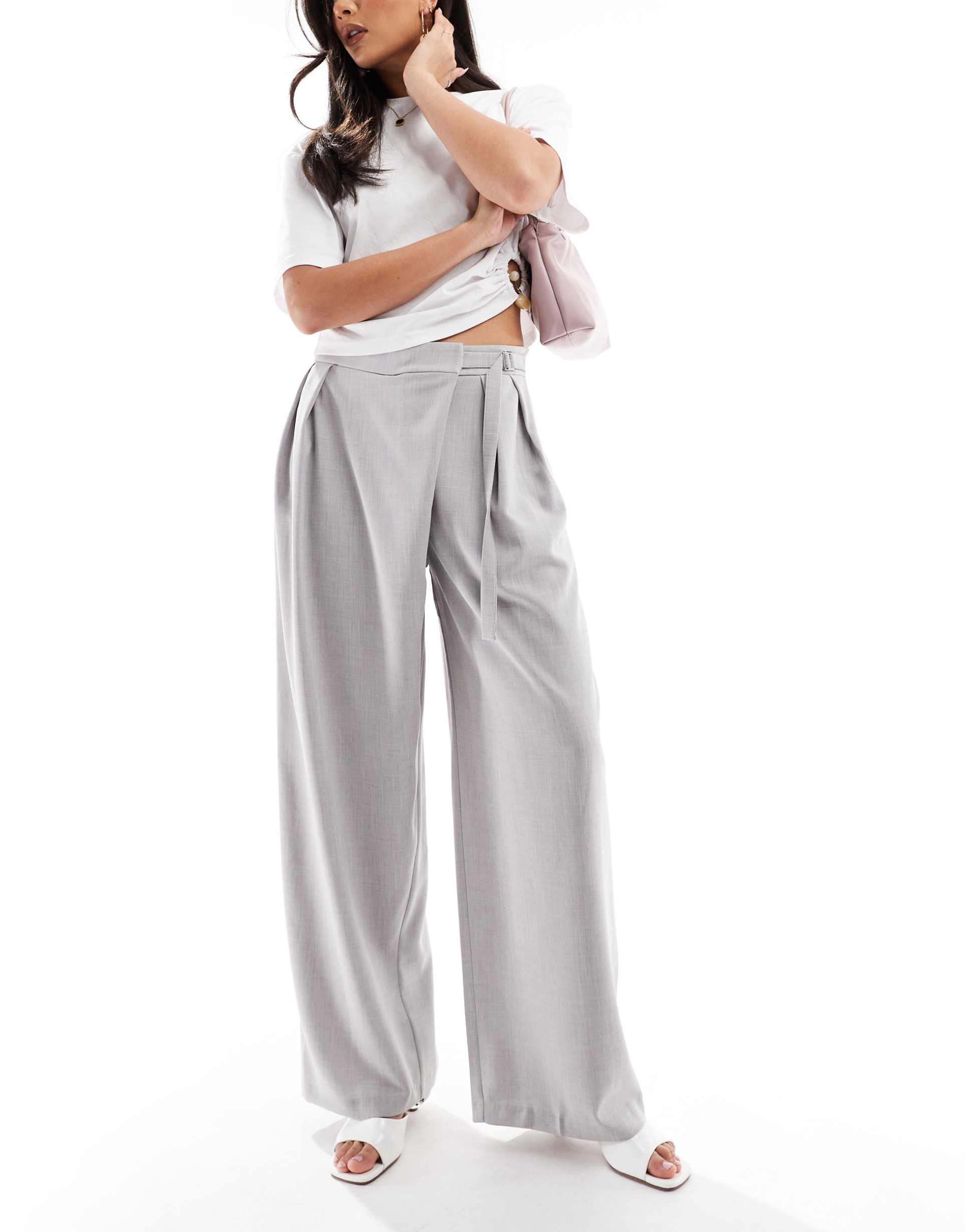 bershka high waisted tie detail wide leg tailored pants in gray