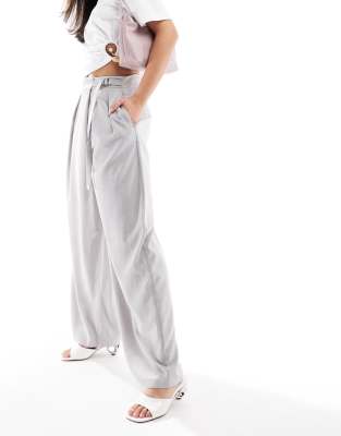 BERSHKA HIGH WAISTED TIE DETAIL WIDE LEG TAILORED PANTS 