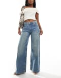 [Bershka] Bershka high waisted wide leg jeans in dirty mid blue wash 14 BLUE