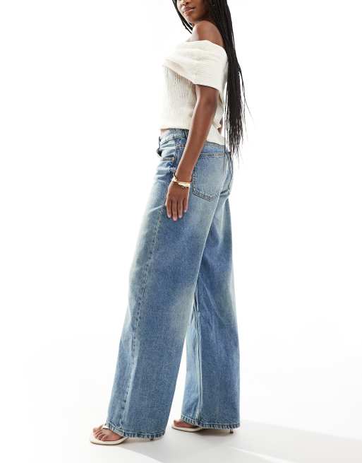 Bershka high waisted wide leg jeans in dirty mid blue wash