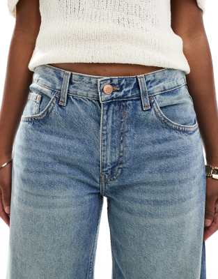 Bershka high waisted wide leg jeans in dirty mid blue wash