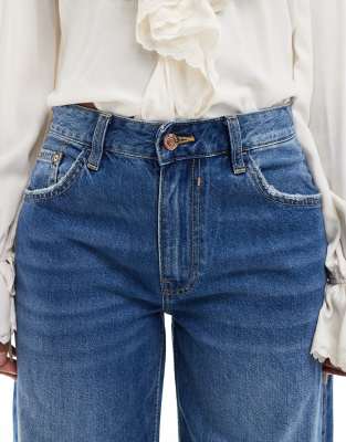 Bershka high waisted wide leg jeans in indigo wash