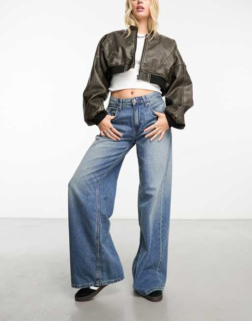 Bershka high waisted wide leg Bleu jeans in mid blue