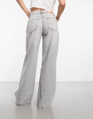 Washed Grey Frayed Edge Wide Leg Jeans