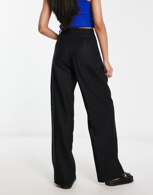 ASOS DESIGN wide leg drawstring waist linen pants in black