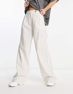 Bershka Waisted Wide Leg Linen Pants In Ecru Stripe-neutral | ModeSens