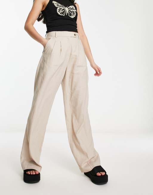 Wide Legged Linen Trousers With Belt and Pockets, High Waisted