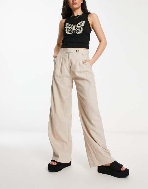 Bershka high waisted wide leg linen pants in sand