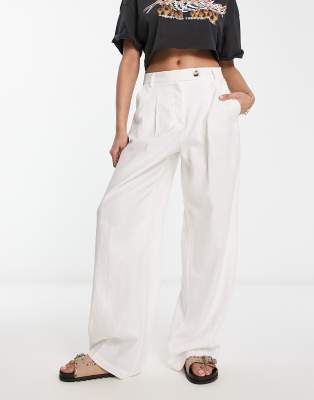 Shop Bershka High Waisted Wide Leg Linen Pants In White