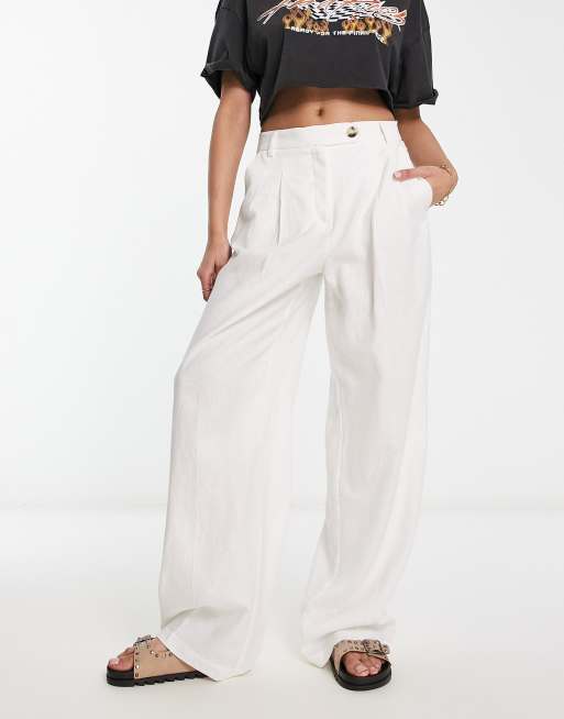 Bershka high waisted wide leg linen pants in white