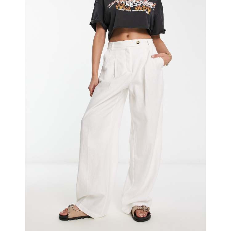 Bershka high waisted wide leg linen trousers in black