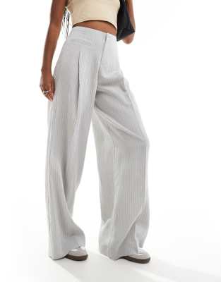 Bershka High Waisted Wide Leg Tailored Pants In Light Gray Stripe