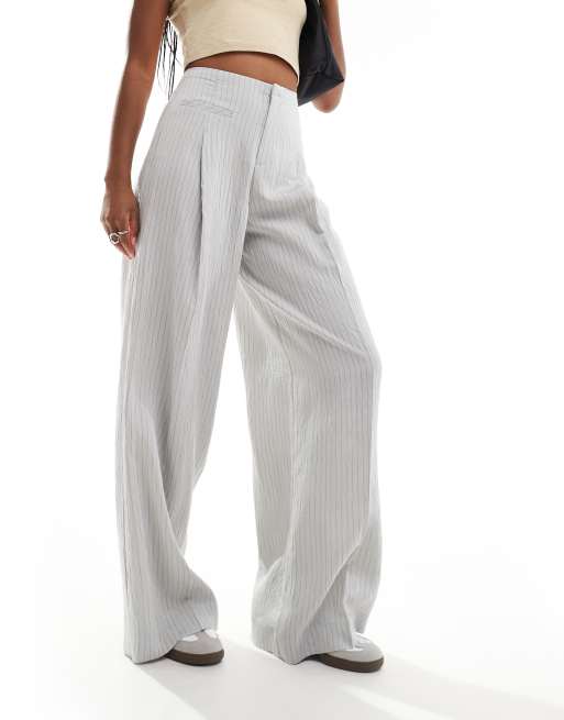 Bershka high waisted wide leg tailored pants in light grey stripe