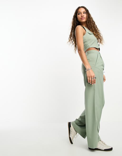 Bershka high waisted wide leg tailored pants in sage (part of a set)