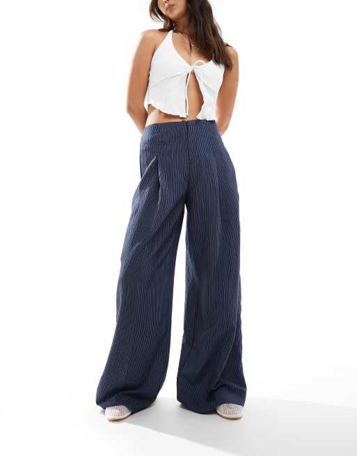  Bershka high waisted wide leg tailored trousers in blue stripe