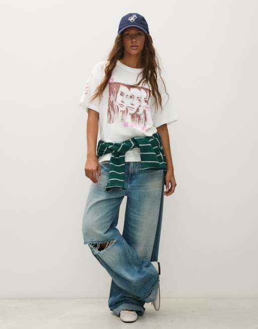 Bershka Hilary duff oversize short sleeve t-shirt in white, 4 of 4