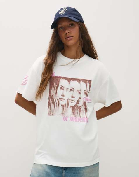 Bershka Hilary Duff Oversize-T-Shirt mit kurzen Ärmeln in Weiß - view 1