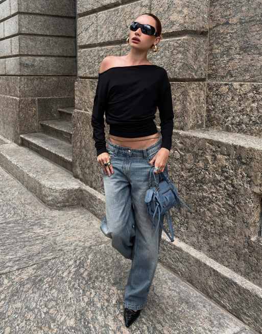 Bershka højtaljede jeans med brede ben i denimblå, 2 af 5