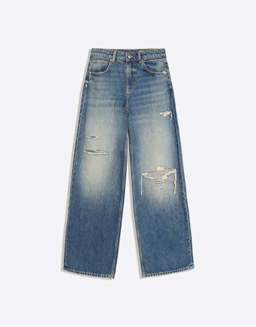 Bershka højtaljede jeans med brede ben og flænger i blå, 5 af 5