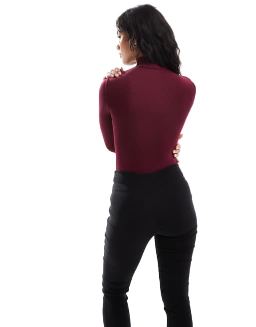 Bershka – Hochgeschlossener, langärmliger Body in Burgunderrot, 4 von 4