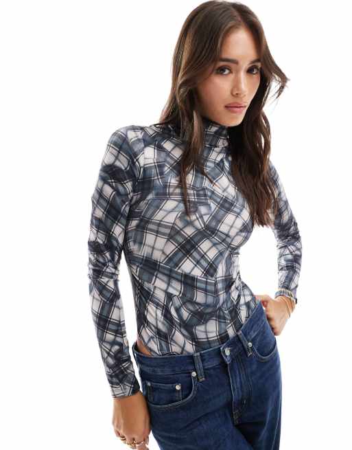 Bershka – Hochgeschlossener, langärmliger Body in Schwarz kariert