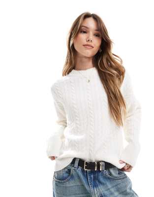 Bershka - Hochgeschlossener Oversize-Strickpullover in Ecru mit Zopfmuster-Neutral