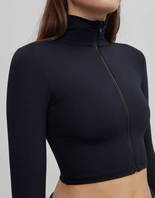 Bershka – Hochgeschlossenes, langärmliges Oberteil mit Reißverschluss in Schwarz, 3 von 4