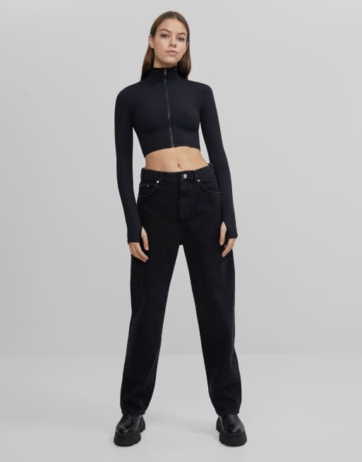 Bershka – Hochgeschlossenes, langärmliges Oberteil mit Reißverschluss in Schwarz, 4 von 4