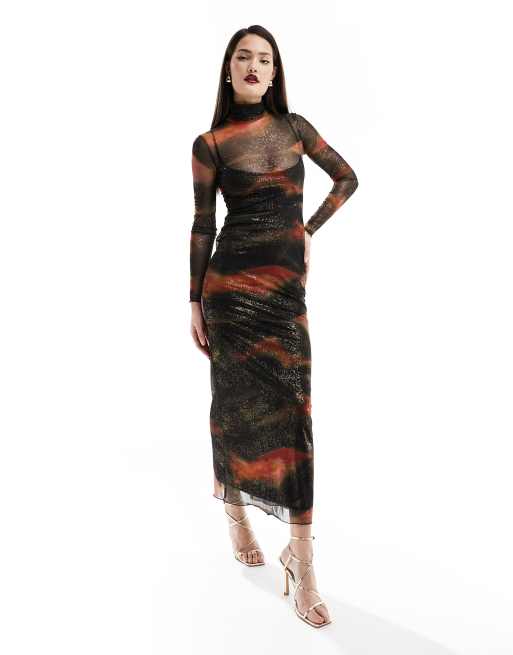 Bershka – Hochgeschlossenes Maxikleid aus Netzstoff mit Print in Schwarz und Rot