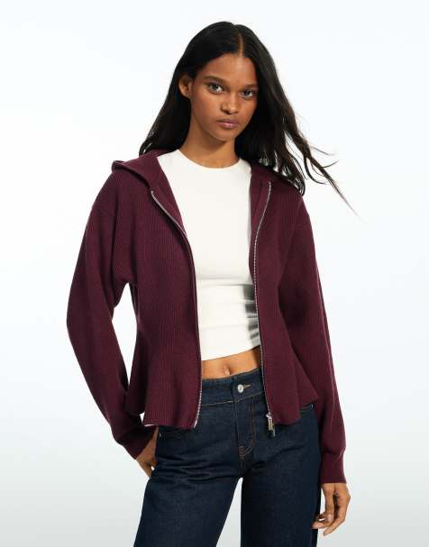 Bershka Hood peplum sweatshirt in burgundy - view 1
