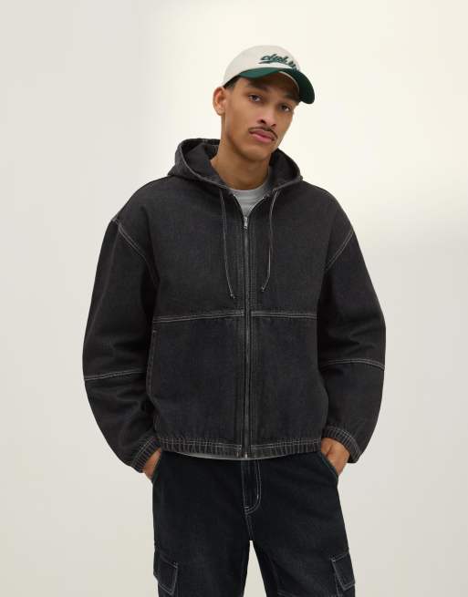 Bershka Hooded denim jacket in black | ASOS