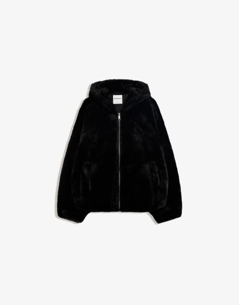 Bershka Hooded faux fur jacket in black - view 1