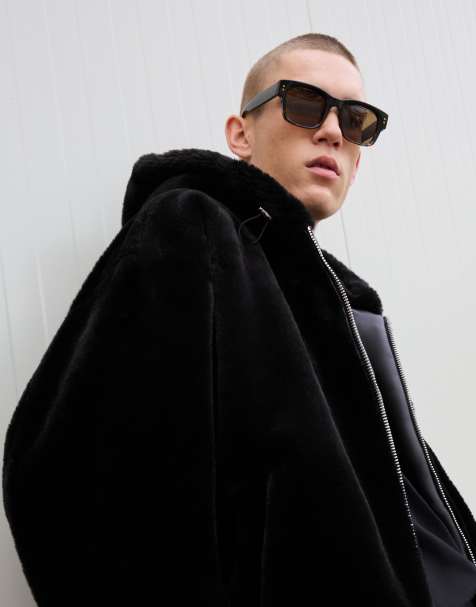 Bershka Hooded faux fur jacket in black - view 1