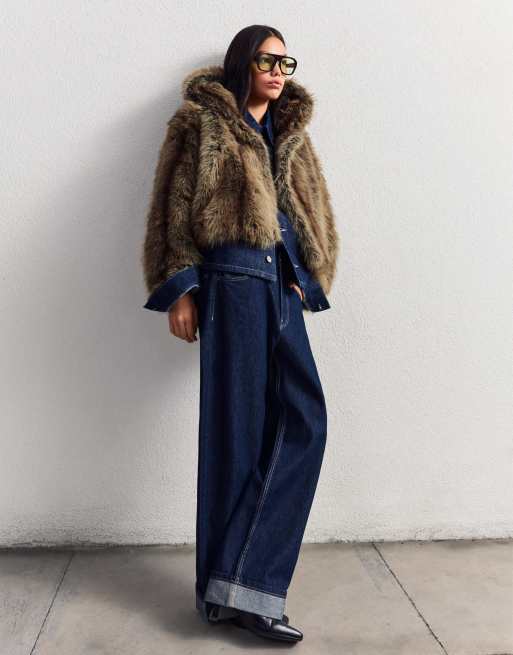 Bershka Hooded faux fur jacket in brown