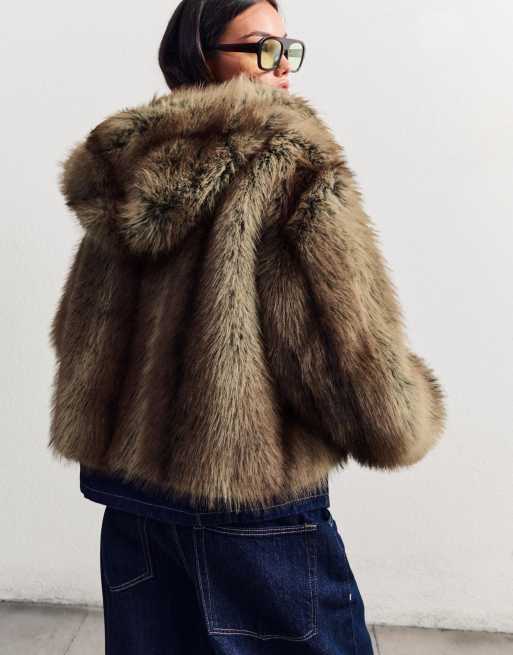 Bershka Hooded faux fur jacket in brown
