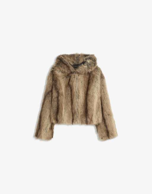 Bershka Hooded faux fur jacket in brown