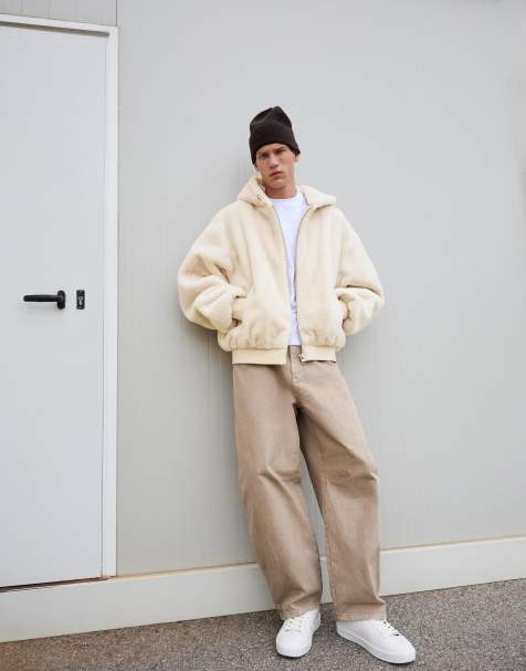 Bershka Hooded faux fur jacket in ecru - view 1